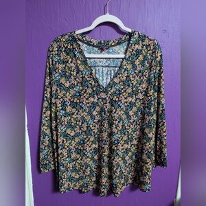 💜 Vince Camuto Navy and Pink Floral 3/4 Sleeve V-Neck Blouse XL XXL 16 18